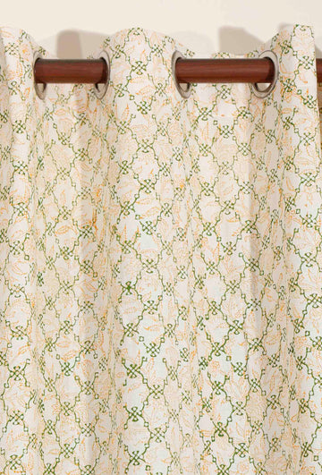 Set Of 2- Cream White Handblock Cotton Curtains